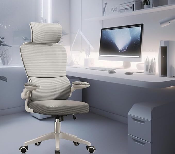 Cadeira de escritório, design ergonômico com suporte lombar independente, malha respirável e encosto de cabeça ajustável (Cinza) na Amzn por R$ 359,00