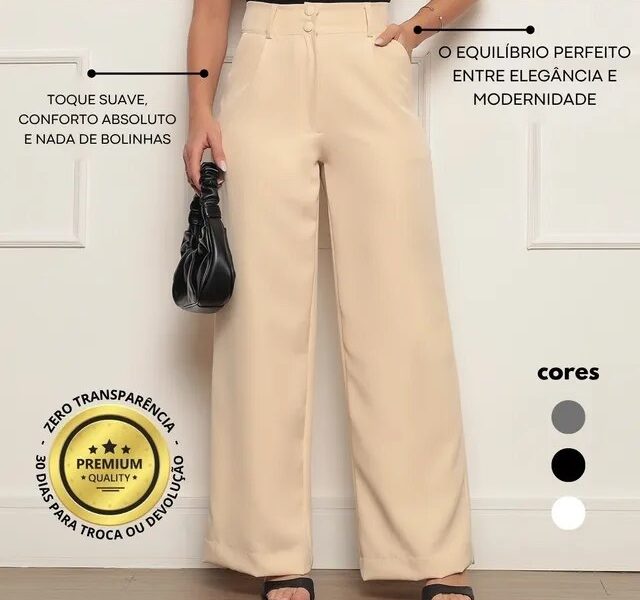 Calça Alfaiataria Feminina Wide Leg Social Cintura Alta –