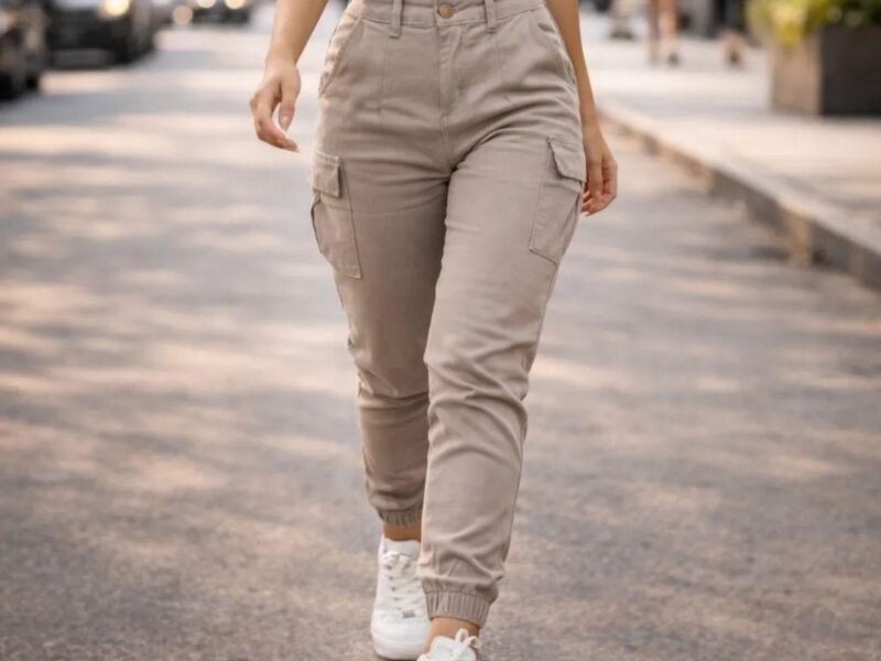 Calça Cargo Jogger Jeans Feminina Cintura Alta Com Lycra –