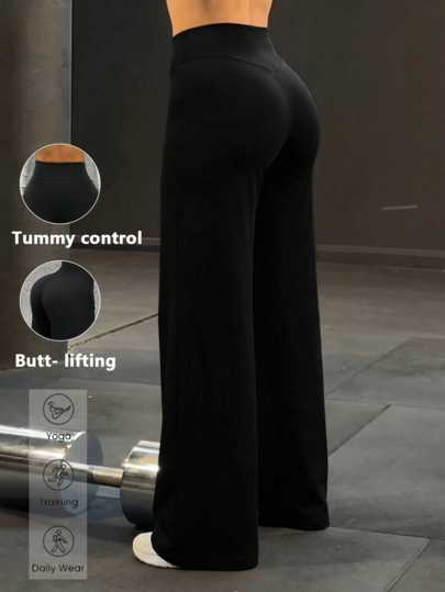 Calça Esportiva Fitness de Cintura Alta Minimalista Feminina de Perna Larga, Legging Casual Confortável, Calça Flare de Ioga para Transporte com Estiramento Alto na Cor Preta