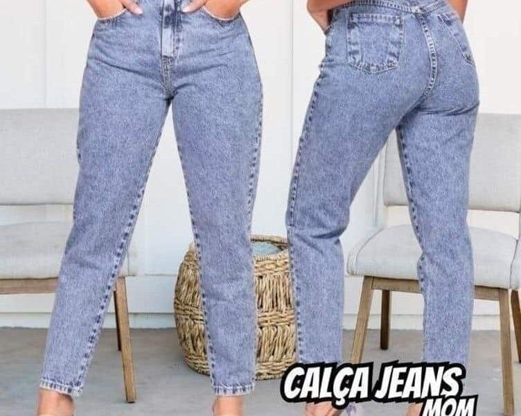 Calça Mom Jeans Feminina Cintura Alta Marmorizada –