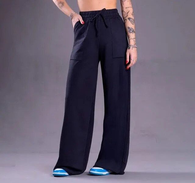 Calça Pantalona Feminina Moletinho Elegante Casual Cintura –