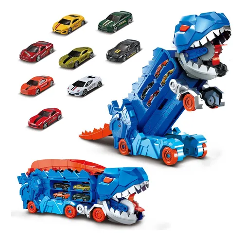Caminhão Dinossauro Pista Com Carrinhos Maleta Transporte Cor Azul –