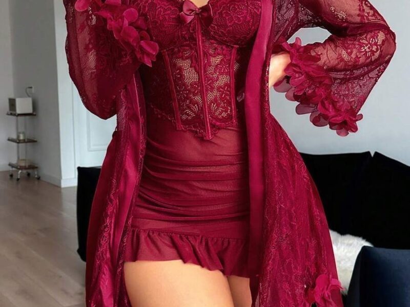 Camisola e Robe Feminino Cetim Elegante Sexy Renda Gaze Conjunto de 2 Peças