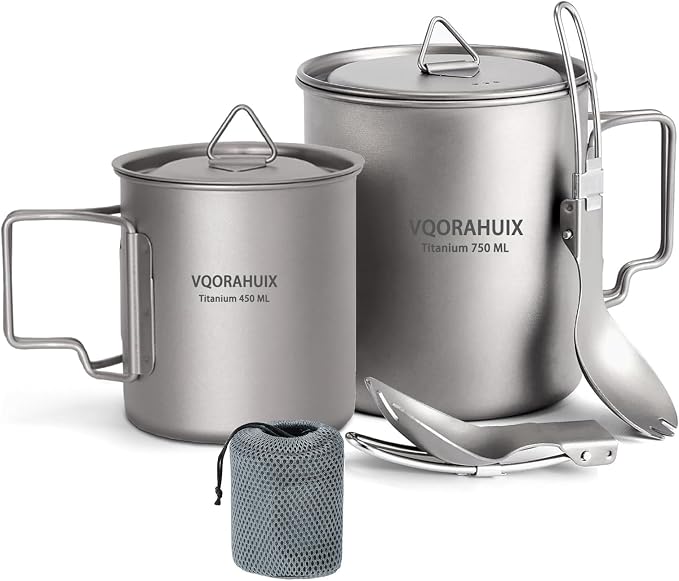 Caneca de titânio para acampamento, copo de titânio, 420 ml e 750 ml, pote de titânio com tampa, garfo, bolsa, vaso de acampamento leve de titânio para mochila, caminhadas, piquenique e
