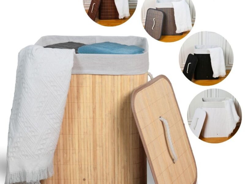 Cesto de Roupa Suja Bambu Com Tampa e Alças 50 Litros Grande Organizador Multiuso