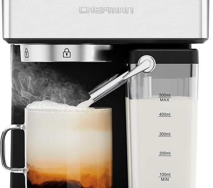 Chefman CaféMaster Pro – Máquina de café expresso para preparar uma ou duas tomas, máquina de café com espuma de leite integrada para cappuccino e leite, depósito de água removível XL de 1,8 litros,