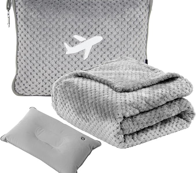 Cobertor de viagem compacto de avião com bolsa, cobertor de avião embalável 3 em 1, conjunto de travesseiro e cobertor de viagem, travesseiro inflável, manga de bagagem e clipe de mochila