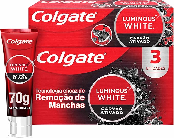 Colgate Creme Dental Luminous White Carvão Ativado 70g, 3 Unidades, Clareador Dental Avançado, Poderosa Remoção de Manchas, Sorriso Mais Branco e Deslumbrante