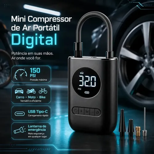 Compressor De Ar Digital Mini Portátil Recarregável Usb-c Para Pneus De Bicicleta Moto Carro Bolas Infláveis Preto –