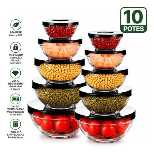 Conjunto De Potes 10 Peças Vidro Organizadores De Cozinha –