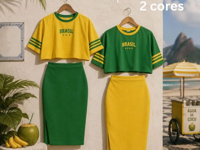 Conjunto Feminino Saia Cropped Verde Amarelo Copa Brasil –
