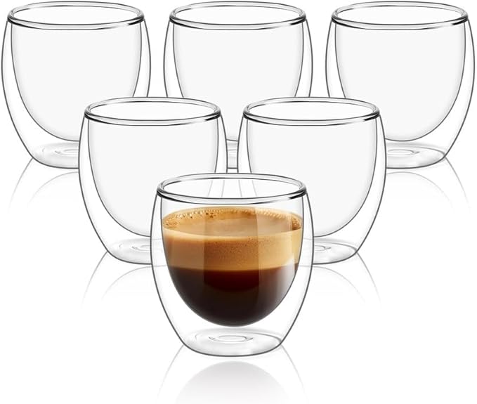 Conjunto com 6 Xícaras de 80ml Vidropara Café de Parede Dupla, Feito de Vidro Borossilicato – Kit de Xícaras para Chá, Café e Bebidas Quentes- Presente Elegante