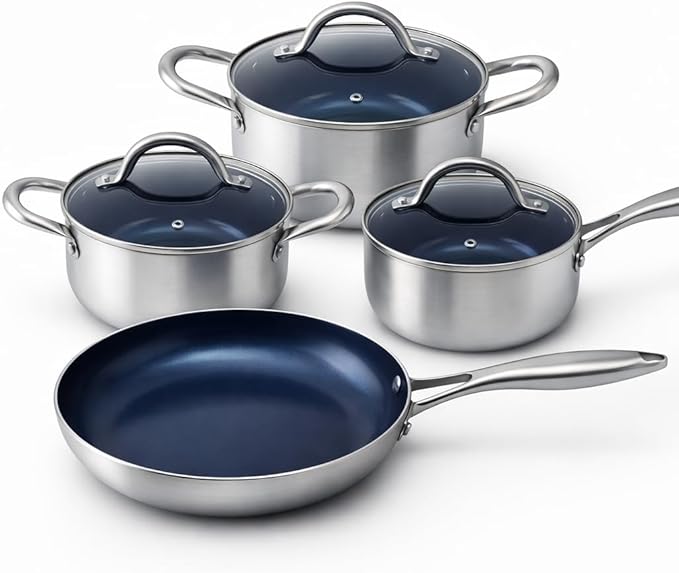Conjunto de Panelas Antiaderente com Revestimento Cerâmico, Cabo Bifurcado Ergonômico, Fácil de Limpar, Inclui Caçarolas 2,2L e 1,7L, Panela 1,2L e Frigideira 900ml, 4 Peças