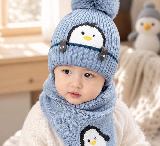 Conjunto de gorro de malha de inverno, lindo desenho animado pinguim macio e quente para meninos e meninas