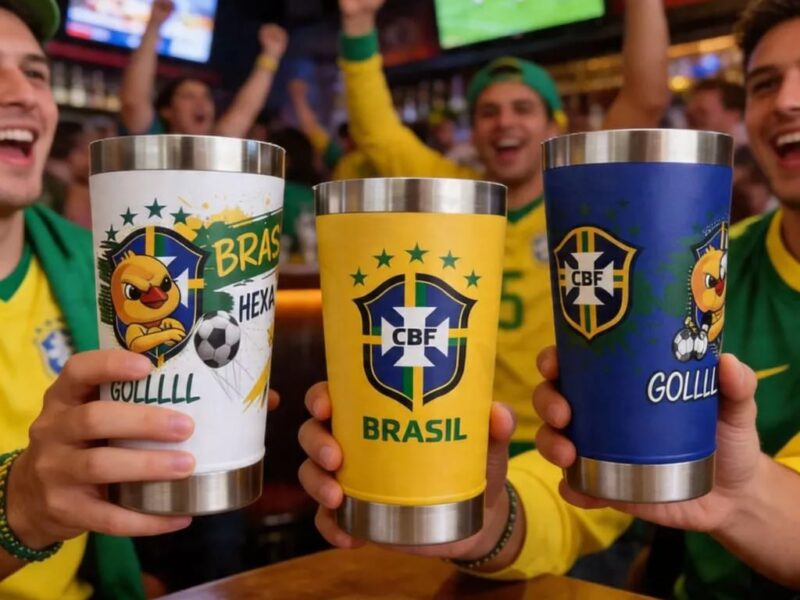 Copo Termico 473ml Personalizado Brasil Com Abridor integrado e Tampa – Tema Copa do Mundo