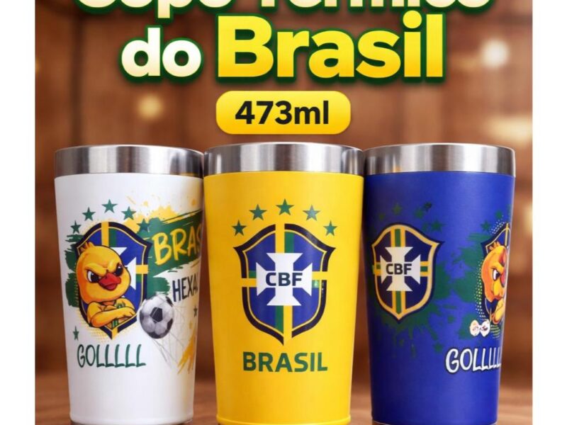 Copo Termico 473ml Personalizado Brasil Com Abridor integrado e Tampa – Tema Copa do Mundo