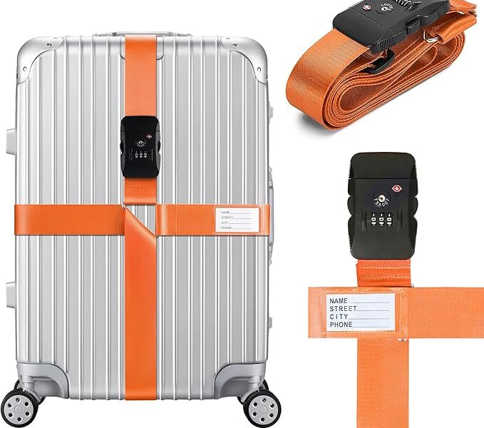 Correias de bagagem aprovadas pela TSA com trava de combinação, cintos de mala cruzados ajustáveis para bagagem de 51 a 81 cm, com cartão de identificação para identificação, acessórios de