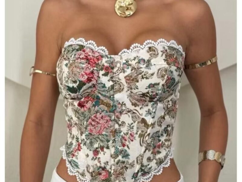 Corset Floral Tomara que Caia com Bojo e Amarração Traseira