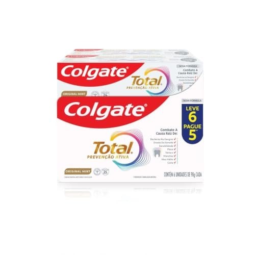 Creme Dental Colgate Total Original Mint, Prevenção Ativa, 24 horas de ação contra bactérias, Anticárie com Flúor, Combate o Mau Hálito, 6x90g
