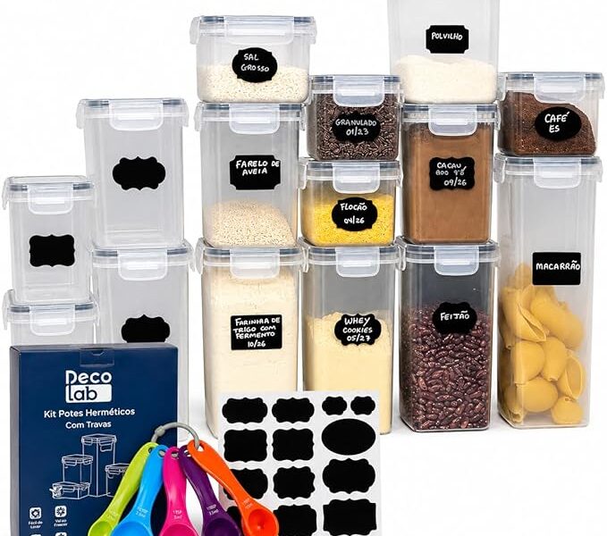 Decolab Kit Potes Herméticos Plástico com Vedação BPA Free – Organizador de Geladeira, Porta Cereais, Temperos e Mantimentos (15, transparente, Retangular) 4x 0,8L / 6x 1,4L / 4x 2,0 / 1x 2,8L