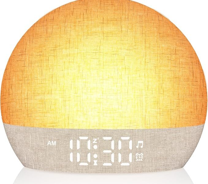 Despertador com luz de despertar ao nascer do sol, máquina de som de ruído branco com 30 sons suaves, luzes noturnas reguláveis, auxílio para dormir, soneca, temporizador, despertador alto para
