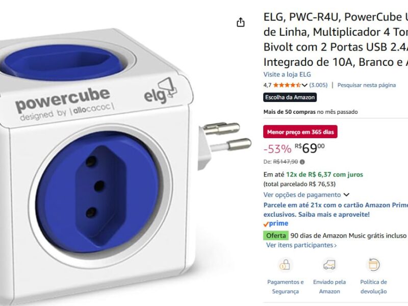 ELG, PWC-R4U, PowerCube USB, Filtro de Linha, Multiplicador 4 Tomadas Bivolt com 2 Portas USB 2.4A, Disjuntor Integrado de 10A, Branco e Azul