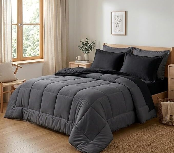 Edredom Kit Roupa de Cama 6 Peças Dupla Face Lençol e Fronha Completo Com Elástico Casal Queen (Preto e Cinza)