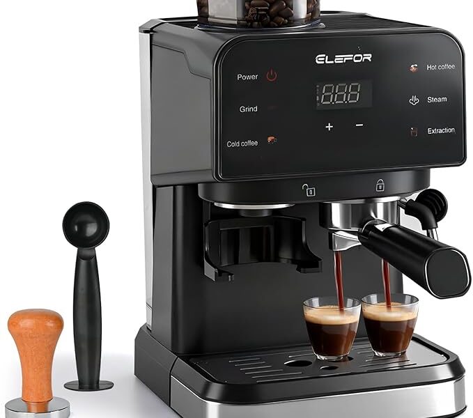 Elefor Máquina de café expresso 20 bar, cafeteira com moedor preto