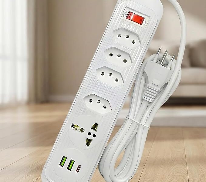 Extensão Elétrica 2 Metros, 5 Tomadas, 2 Saídas USB, 1 Saída TipoC, Botão de Liga e Desliga, Régua Com Filtro de Linha, Protege Seus Dispositivos Contra Curtos e Sobrecargas, 110V a 220V, Até 2500W