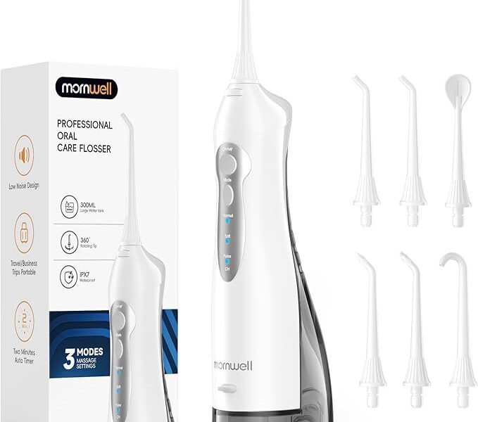 Fio dental sem fio Mornwell para dentes – Tanque de 300 ml e 4 pontas de jato, Irrigador oral dental portátil de 3 modos, cuidados com cintas, irrigador bucal portátil recarregável (Branco)
