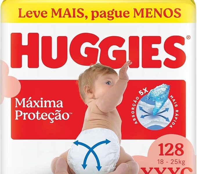 Fralda Descartável Huggies Máxima Proteção Tamanho XXXL 128 unidades – Fralda aberta com tecnologia Xtra-Flex, canais em X que se adaptam aos movimentos e máxima proteção sem fralda caída