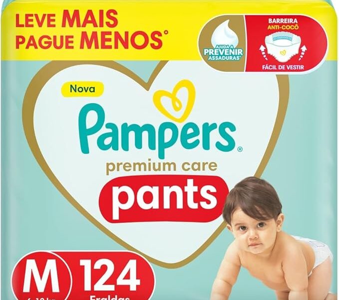 Fralda Pampers Premium Care Pants Tamanho M, Fácil de Vestir, 124 Unidades