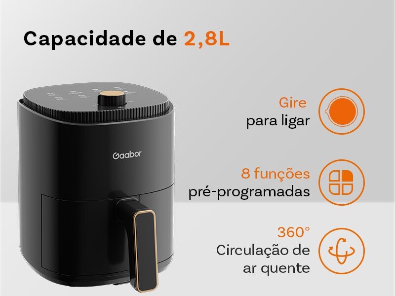 Gaabor Air Fryer 2,8L Ar Cozimento Uniforme Timer 200°C Múltiplas funções Antiaderente AF-35M02A