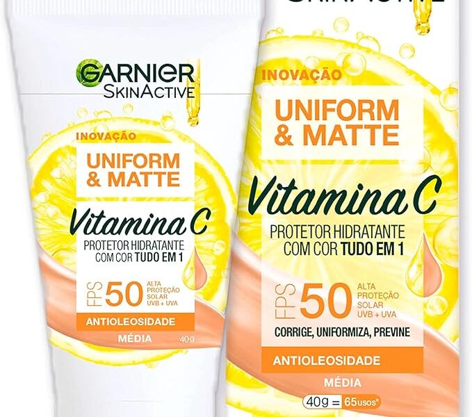 Garnier Uniform & Matte Protetor Solar Hidratante com Vitamina C, FPS 50, Efeito Matte Antioleosidade, Previne Manchas e Corrige o Tom da Pele, Tecnologia Camaleão, Cor Média, 40g