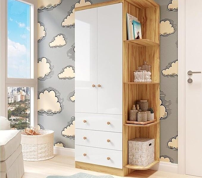 Guarda-Roupa Infantil 2 Portas 3 Gavetas e Prateleira Externa 100% MDF Smim Branco Brilho/Amêndoa