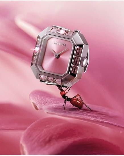 Invicta Relógio mini anel feminino 21,5 mm, aço inoxidável, mostrador rosa, quartzo PC20S