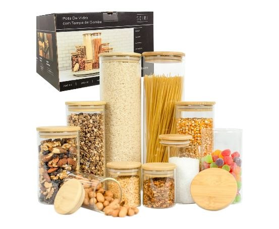 Kit 10 Potes Herméticos Vidro Tampa Bambu Seiri Para Mantimentos Cozinha