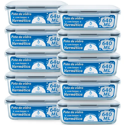 Kit 10 Potes Vidro Hermético Aristus 640ml Marmita Anti Vazamento Forno Micro-ondas Freezer Tampa 4 Travas – Cinza –