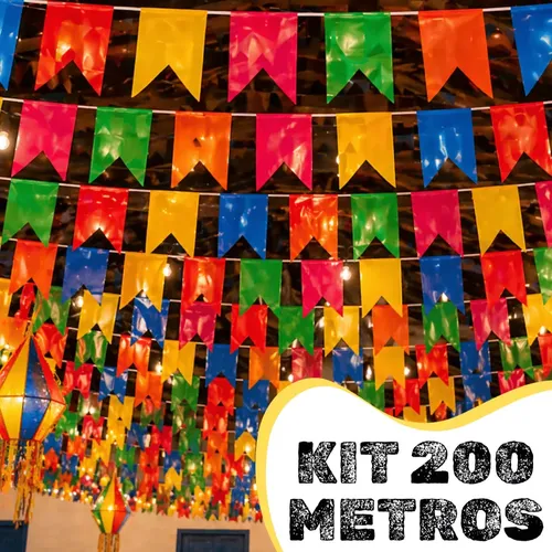 Kit 200m Bandeirinhas Festa Junina Plástico Resistente Decoração São João –