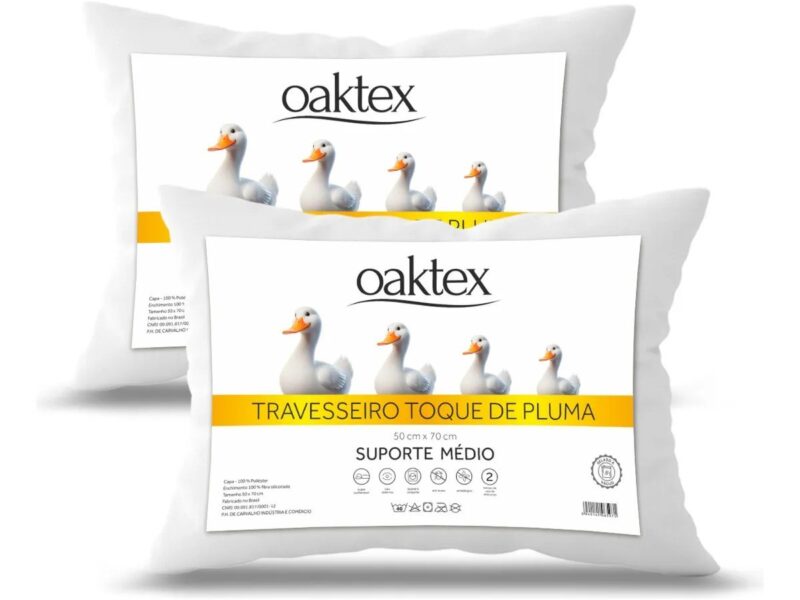 Kit 2 Travesseiros 70×50 Antialérgico Lavável Fibra Siliconada Toque de Pluma de Ganso Oaktex Cor Branco –