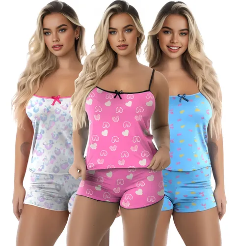 Kit 3 Baby Doll Conjunto Feminino Pijama Microfibra Sortidos –