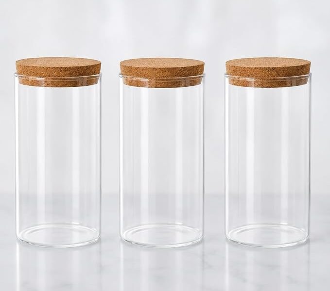 Kit 3 Potes Herméticos de Vidro com Tampa de Bambu, 1100ml Cada,Borossilicato Redondo, Transparente, para Mantimentos Temperos, Grãos, Café e Organização de Cozinha – Porta Temperos Moderno