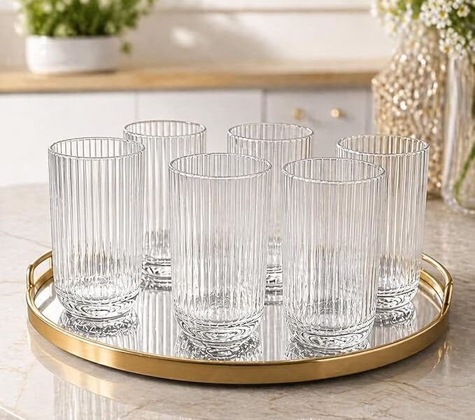 Kit 6 Copos de Vidro Canelado Transparente 430ml Design Moderno Elegante Ideal para Água Suco Drinks Whisky Refrigerante Mesa Posta Cozinha Bar Restaurante Jogo com 6 Copos Para Ambientes Elegantes