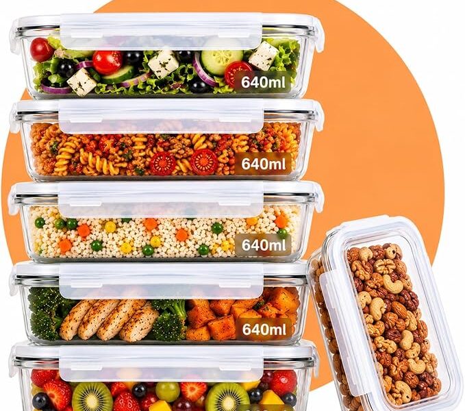 Kit 6 Potes de Vidro Hermético 640ml Borossilicato com Tampa 4 Travas – Recipiente Retangular para Marmita, Micro-ondas, Forno e Freezer – Armazenamento de Alimentos – Sem BPA