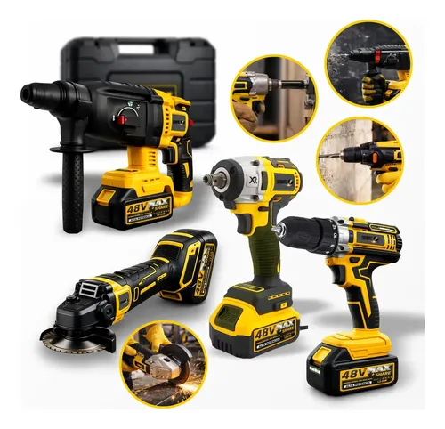 Kit Multi Ferramentas 4 Em 1 48v Sem Fio Com 2 Baterias Furadeira Parafusadeira Martelete Esmerilhadeira Chave De Impacto Com Maleta Alta Potência Uso Profissional E Doméstico Simake –