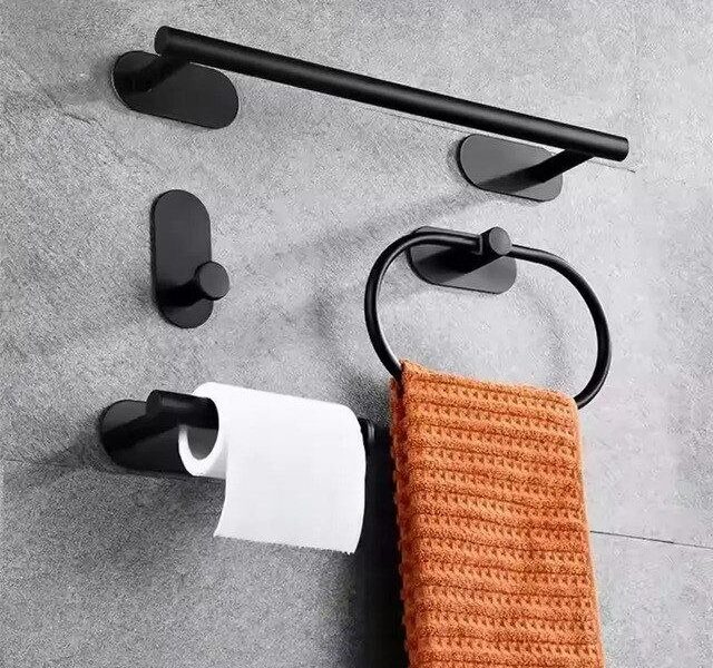 Kit Porta-toalhas Autoadesivo 4 Peças Preto Aço Inoxidável 304 Sem Furo Winda GJ001-B Preto –