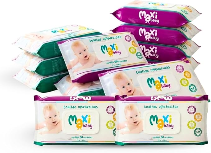 Kit com 24 Toalhas Lenços Umedecioas Hipoalergênico 50un Cada Maxi Baby