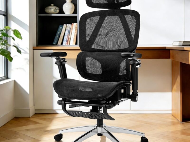 L800 Cadeira Escritório Ergonômica Giratória, Reclinável 145° com Apoio Pés, Mesh Dragão, Braços 9D, Apoio Cabeça 8D com Cabide, Lombar Flutuante, Base Aço 150kg–Home Office,Escritório(Preto)