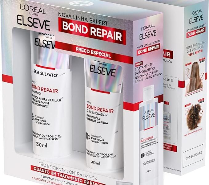 L’Oréal Paris Elseve Bond Repair Kit Reparação Molecular com Ácido Cítrico para Cabelos Danificados, Reconstrói Ligações e Devolve Força (Shampoo + Condicionador + Sachê Pré-Shampoo)